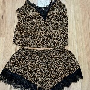 Chic Leopard Print Pajama Set with Lace Trim